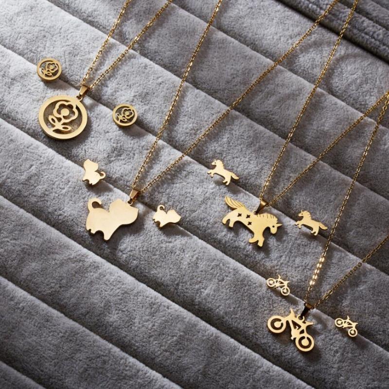 

earrings & necklace 316l stainless steel star horse cat bike flower pendant stud for women girls fashion fine jewelry set san938, Silver