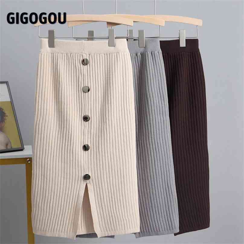 

GIGOGOU Women Knitted Skirt Spring Autun Button Sexy Slim Bodycon s Elastic High Waist Pencil Ribbed Long MIDI 210629, Khaki 155