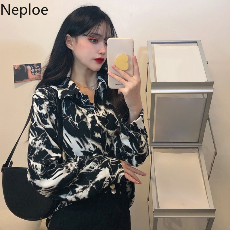 Neploe Vintage Blouses Women Chic Print Harajuku Loose Shirts Tops Streetwear Korean Fashion All-match Blusas Mujer 94804 210422