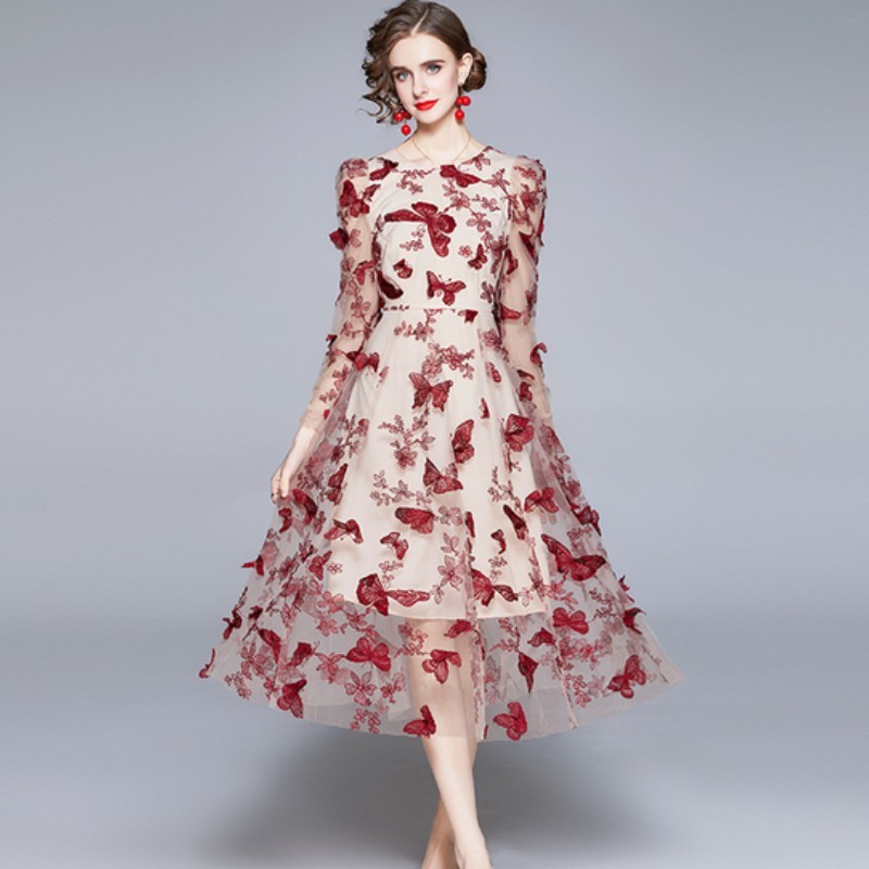 

Vintage Mesh Butterfly Embroidery Dress Vestidos Women Spring Elegant O-Neck Puff Sleeve High Waist Slim Dress 210518, Photo color