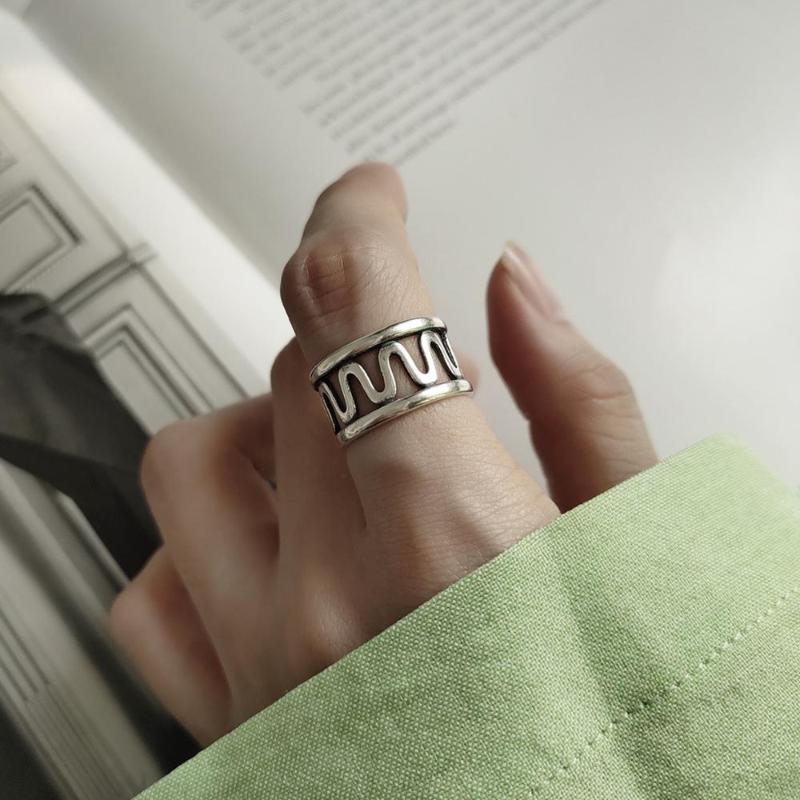 

Cluster Rings Retro Authentic S925 Sterling Silver FINE Jewelry Double Line Wave Geometric Band Adjust TLJ631