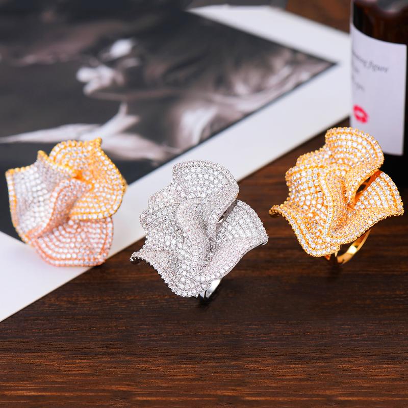 

Wedding Rings Blachette Luxury Big Flowers Statement Finger For Women Cubic Zircon African Bridal Dubai Chic Jewelry Accessories, Slivery;golden