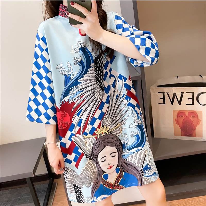 

QNPQYX New Chinese Style Shirts Summer Overszied T Shirt Dress Character Print Gothic Pullover Half Sleeve Straight Dresses for Women, Blue