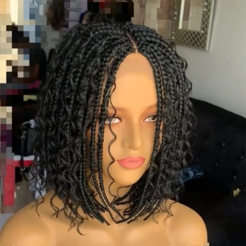 

curly short Braided women's hair mechanism elastic mesh chemical fiber headgear box braids wig, Black - 14inch