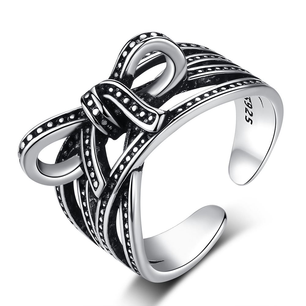 

S925 Silver Antique Band Rings with Bow Adjustable Women Jewelry