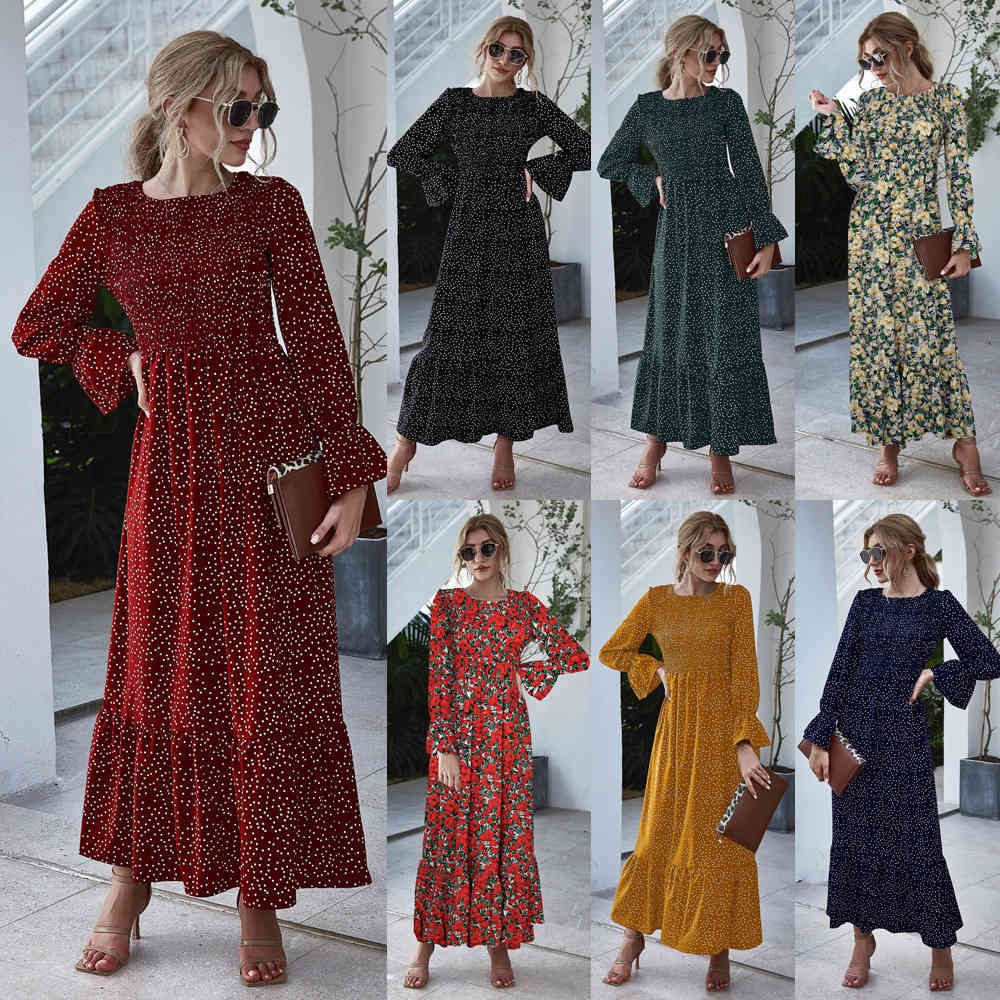 

Elegant Polka Dot Women Dress Female Casual Flare Sleeve Long Sleeve Boho Maxi Vestidos Femme Casual A-line Vintage Women Dress 210521