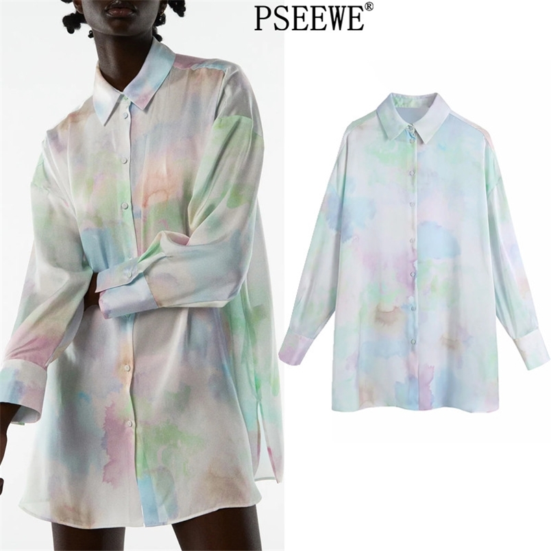 

Summer Tie Dye Women Shirt Oversize Collared Long Sleeve Button Up Shirts Woman Hem Side Split Casual Blouses 210519