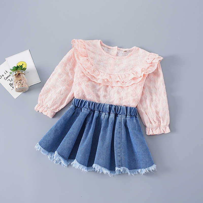 

2-7 Years High Quality Spring Girl Clothing Set Fashion Plaid Solid Shirt + Denim Skirt Kid Children Girls 210615, Beige
