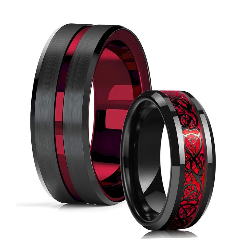 

Wedding Rings Fashion 8mm Red Tungsten Band Black Carbide Ring For Men Women Retro Celtic Dragon Inlay Carbon Fiber