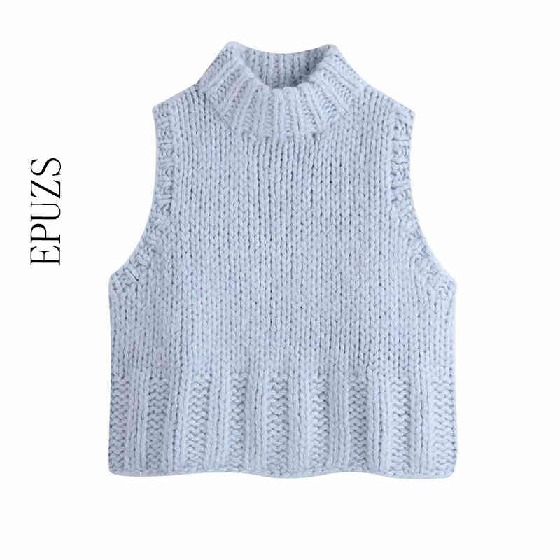 

ZA blue Knit Vest Sweater women Knitted Sleeveless sweater fashion Women Sweaters Casual Pullover 210521