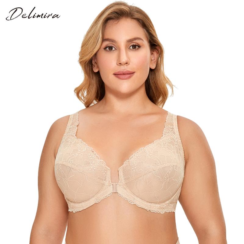 

Bras DELIMIRA Women's Plus Size Sheer Floral Lace Front Closure Bra Full Coverage Underwire Unlined, Dark rust03