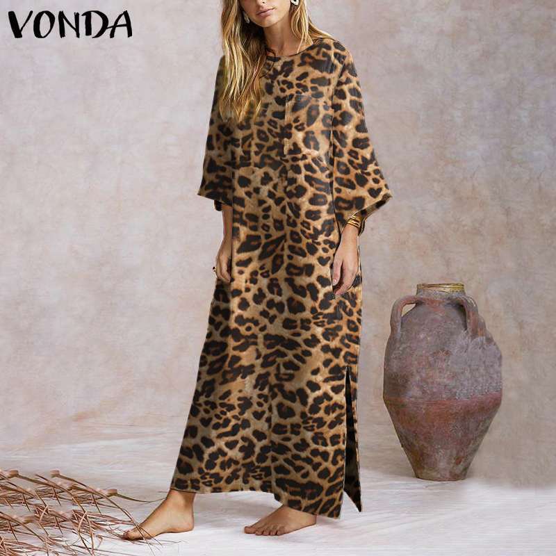 

Women's Blouses & Shirts 2021 VONDA Stylish Printed Leopard Dress Spring Sundress Long Sleeve Maxi Dresses Vestidos Female Loose B, Grey