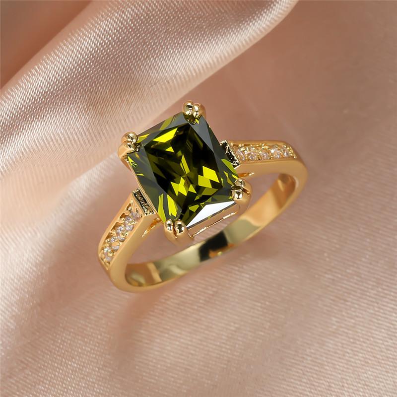 

Luxury Female Olive Green Crystal Ring Yellow Gold Thin Wedding Rings For Women Small Square Zircon Stone Engagement