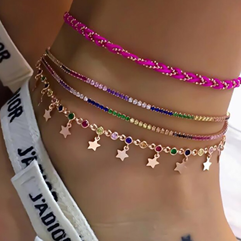 

2020 Bohemia Colorful Zircon Anklet Bracelet for Women Multi Layer Star Pendant Anklet Foot Chain Summer Beach Jewelry