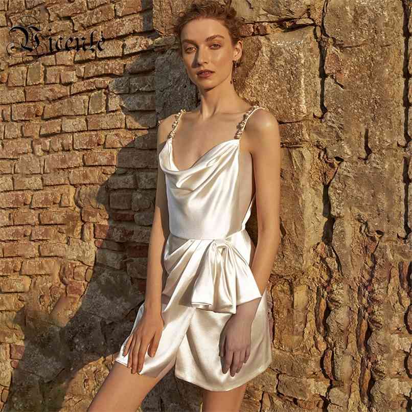 

Chic Beads Bow Design Sexy V Neck Slip Dress Draped Celebrity Party Club Satin 210520, Beige