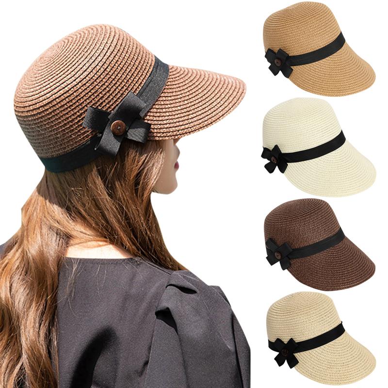 

Wide Brim Hats Ladies Summer Sunscreen Sun Peaked Cap Outdoor Sports Straw Hat Solid Color Big Flower Knot Lovely Girls Shading Baseball