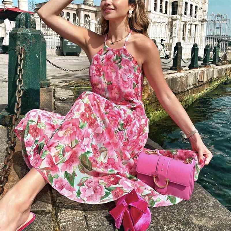 

Sweet Woman Pink Halter Print Long Dress Summer Ladies Backless Beach Dresses Female Stretchy Flower Neck-mounted Dress 210630, Pink flower