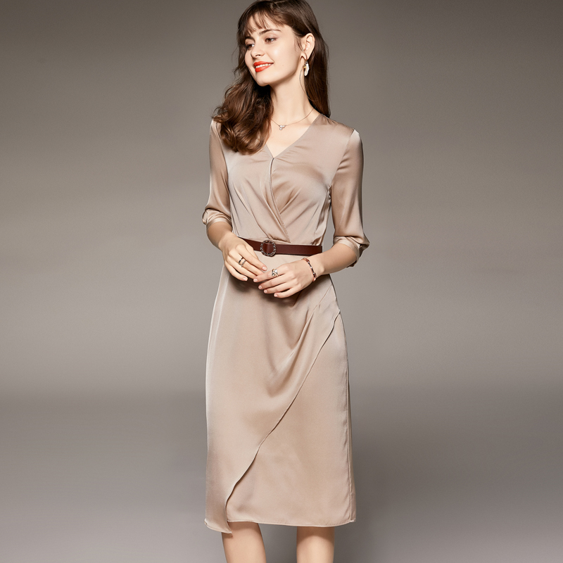 

100% Silk Women's Dresses Sexy V Neck 3/4 Sleeves Ruffles Fashion Summer Dress with Belt, Black