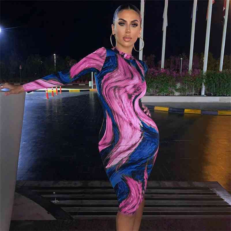 

long sleeve print bodycon sexy dress autumn winter women party elegant slim Christmas club outfits 210518, Purple