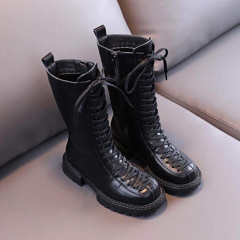 

Boots Children' 2021 Winter Genuine Leather Girls Tide Plus Velvet Long Fashion Middle-aged Warm Knight, Black;grey