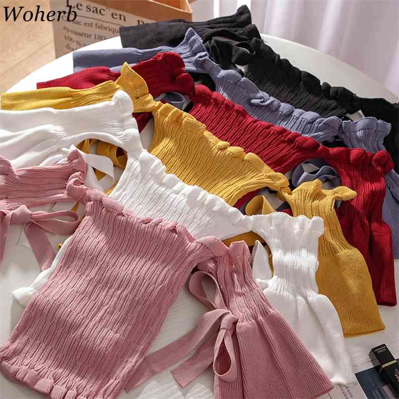 

Summer Women Slash Neck Flare Sleeve Ruffles Bow Shirt Lady Short Bandage Strap Elastic Knitted Chic Blouse Tops 210519, Black