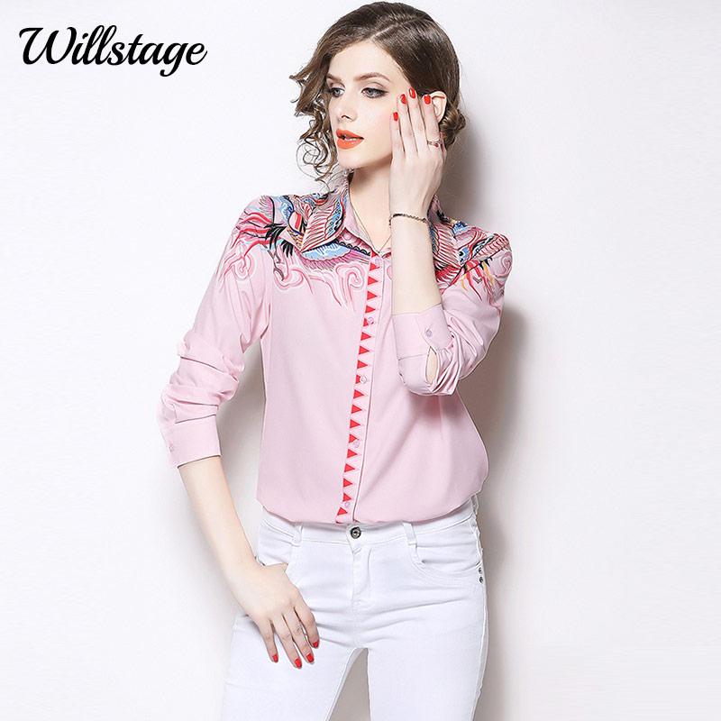 

Women' Blouses & Shirts Willstage Bird Printed Pattern Blouse Button Long Sleeve Elegant Tops 2021 Spring Autumn Clothes OL Wear, Pink