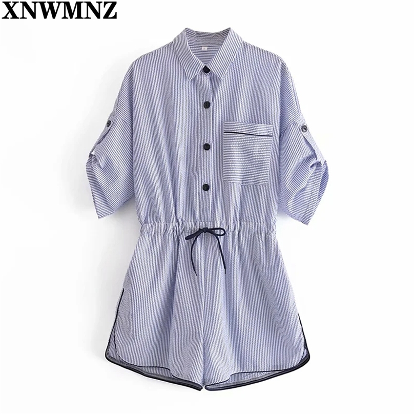 

Women Fashion short striped jumpsuit Arrival Short Sleeve adjustable drawstrings elastic waistband Ladies playsuit 210520, Blue