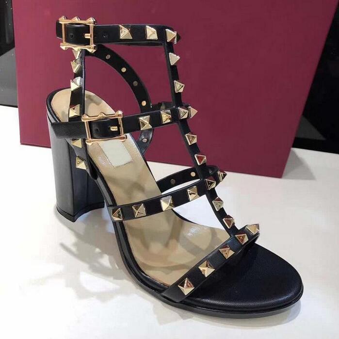 

women leather stud sandals T-strap shoes summer High Heels rivets Dress Shoe Ladies Sexy party 6.5cm 9.5cm 14color with box, Color 2