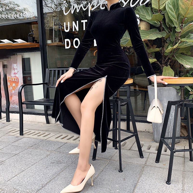 Luxury Casual Dresses National Style Cashmere Cheongsam Single Side Low Split Slim Long Sleeve Drs-image-718270315