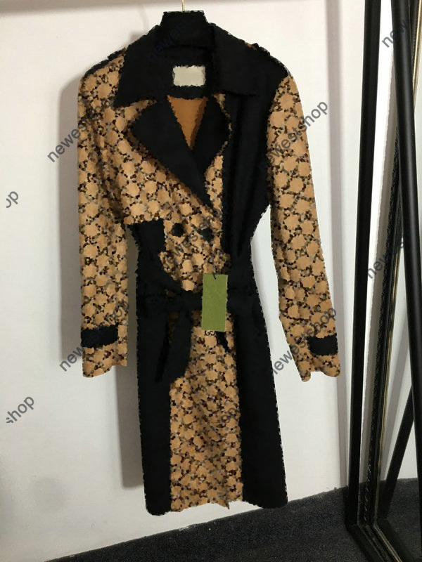

2022 Autumn womens trench coats designer luxury Women Windbreaker classical letter print jacket Color matching velvet Loose Long Belt Coat Female Windbreakers, Yellow