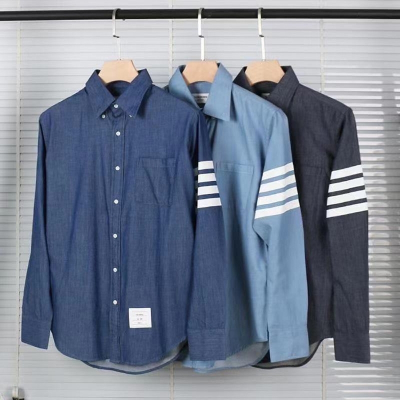 

Light luxury fashion brand TB spring and autumn stripe four bar pure cotton embroidered label denim men's slim long sleeve shirt, Black