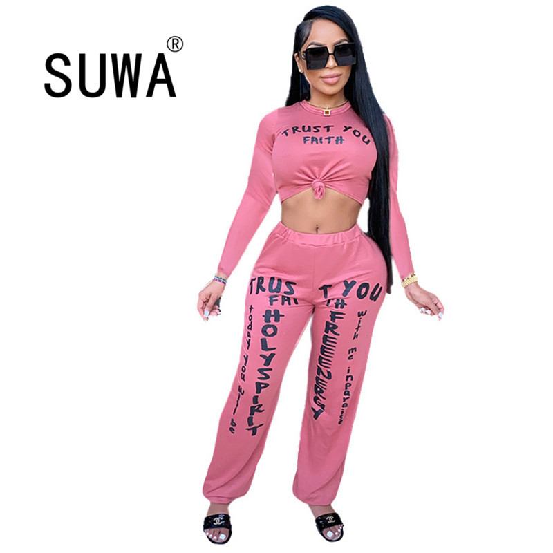 

Cool Girl K-Pop Style Women Tracksuit 2 Piece Set Fall Winter Letter Printed Crop Top Tunic Harem Pants Wholesale Product 210525, Pink