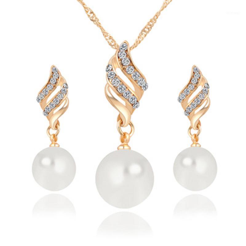 Earrings & Necklace 3pcs/set Luxury Princess Bridal Jewellery Set Spiral Shaped Pearl Stud Wedding Women Fashion-image-745068318