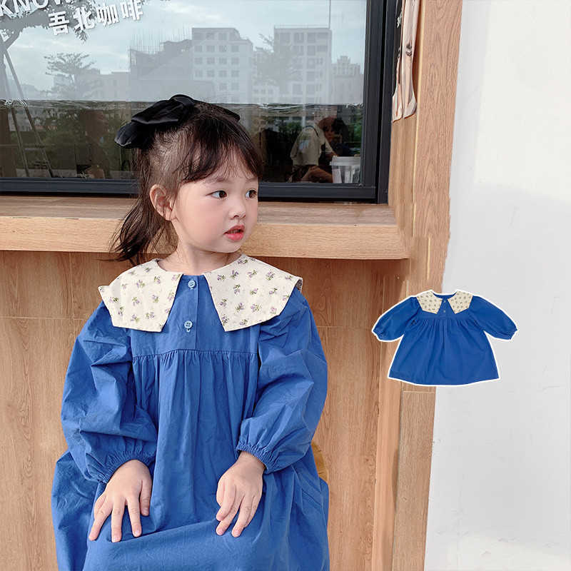 

Dress For Girls Spring Fashion Cotton Long Sleeve Baby Girl Sweet Turn-down Collar Casual Princess es Kids 210615, Blue