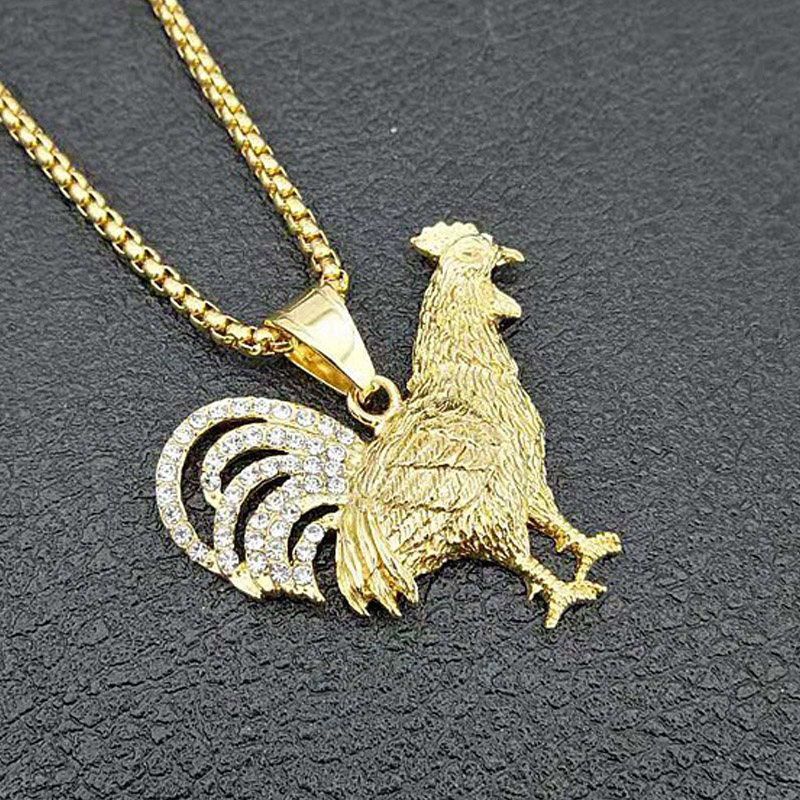 

Hip Hop Rhinestones Paved Gold Color Stainless Steel Chicken Cock Rooster Pendants Necklace for Men Jewelry, Silver