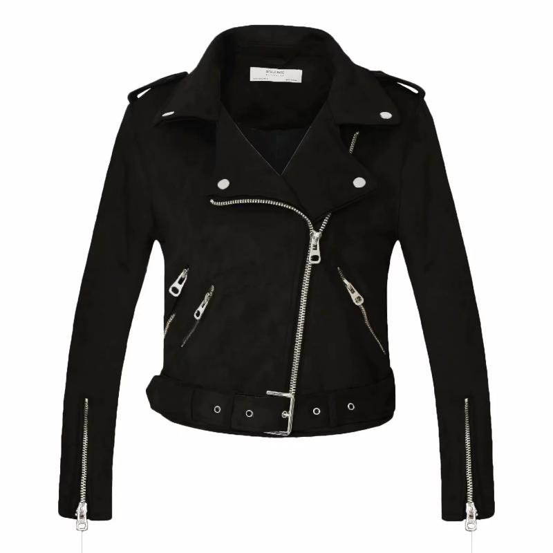 

Women' Leather & Faux Lugentolo Women Jacket Short Autumn Long-sleeved Suede Zipper Rivet Epaulet Turn-down Collar Coat, Black