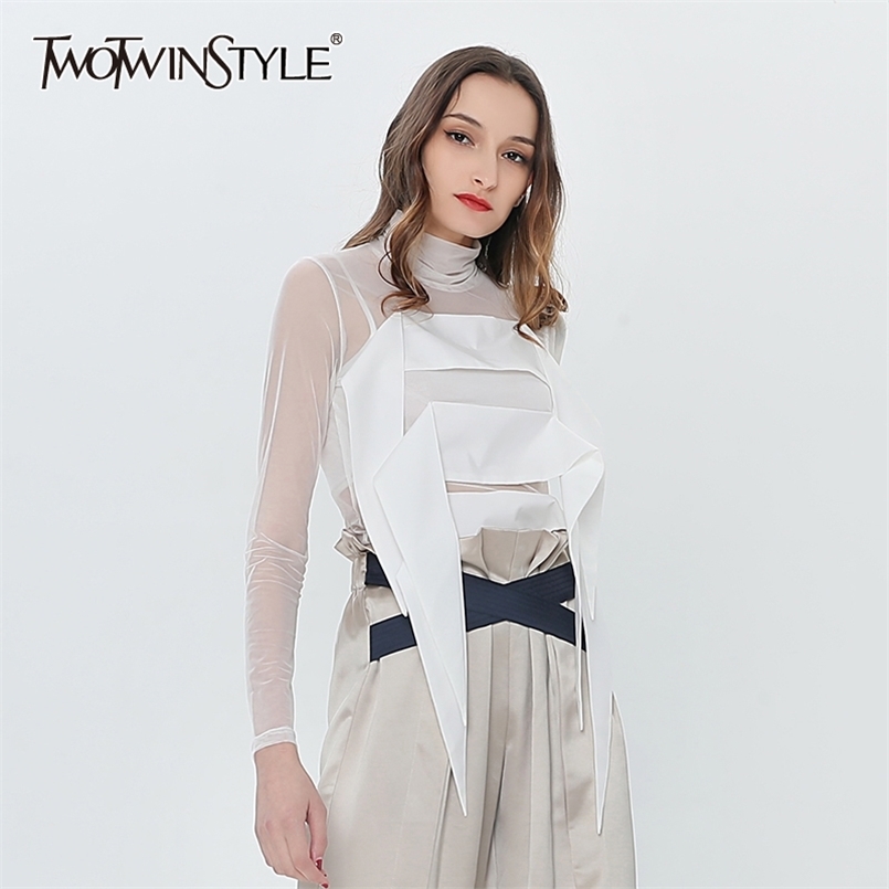 

TWOWINSYLE White Patchwork Shirt For Women urtleneck Long Sleeve See hrough Casual Shirts Female Fashion Clothing 210524