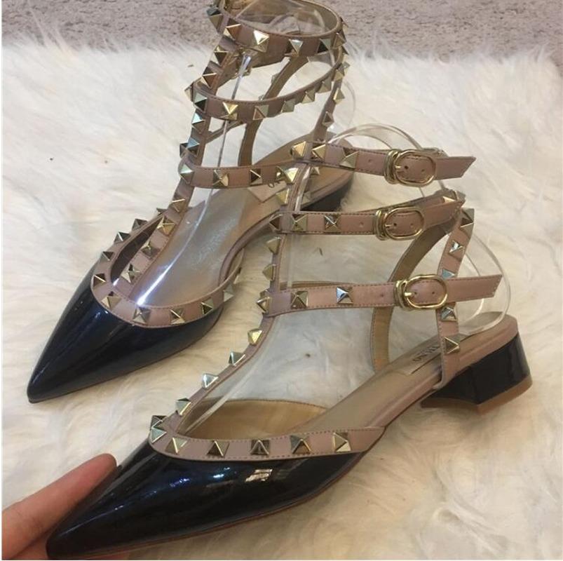

Sandals 2021 Brand Women's Rivet Pointed Toe Low Heels Thick Middle Heel Ladies Summer Shoes 34-41, Black