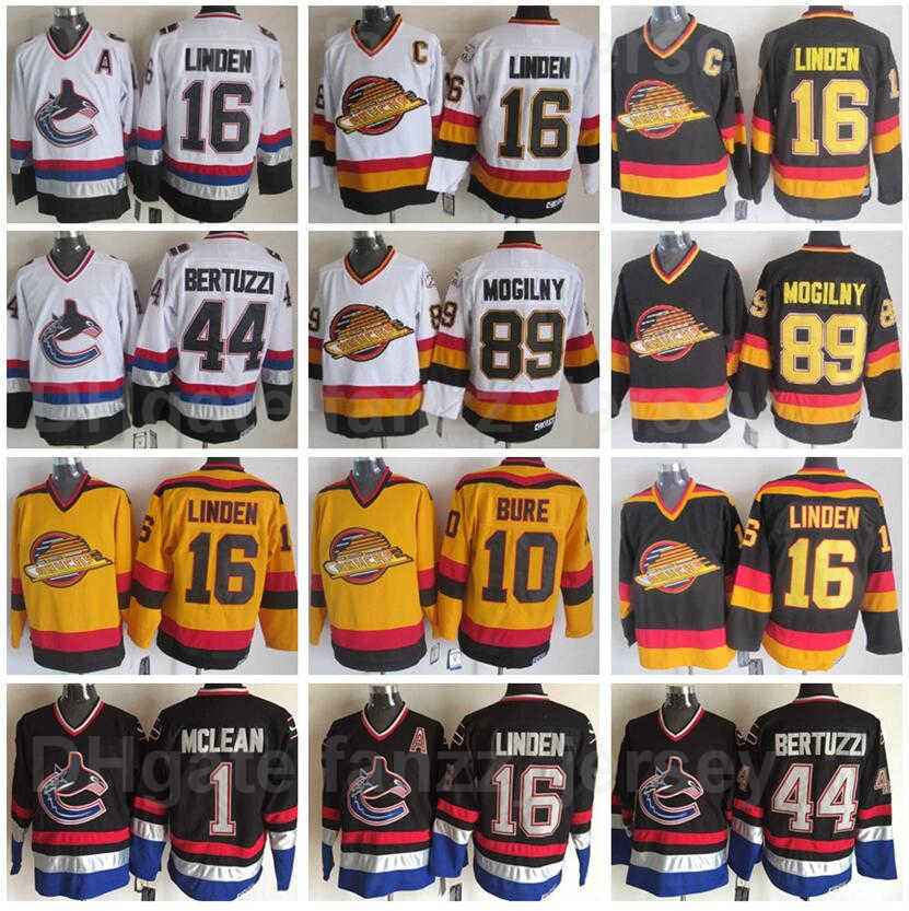 

Retro Vancouver Canucks 16 Trevor Linden Jersey Vintage Ice Hockey 89 Alexander Mogilny 44 Todd Bertuzzi All Stitched Team Color Black White Yellow, 16 black