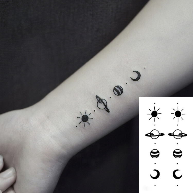 

Small Tattoo Flsah Tatoo Waterproof Sticker Body Art Black And White Drawing Planet Sun Moon Star Water Transfer Temporary Fake Tattos