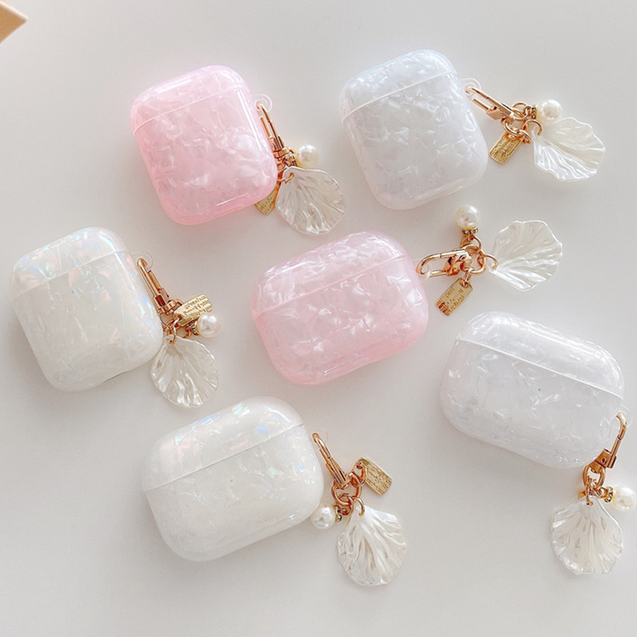 

airpod case Pearl Shell metal Keychain Silicone Headphone Earphone cases for apple Airpods 1 2 air pods pro cover Glossy Wireless Headset coque