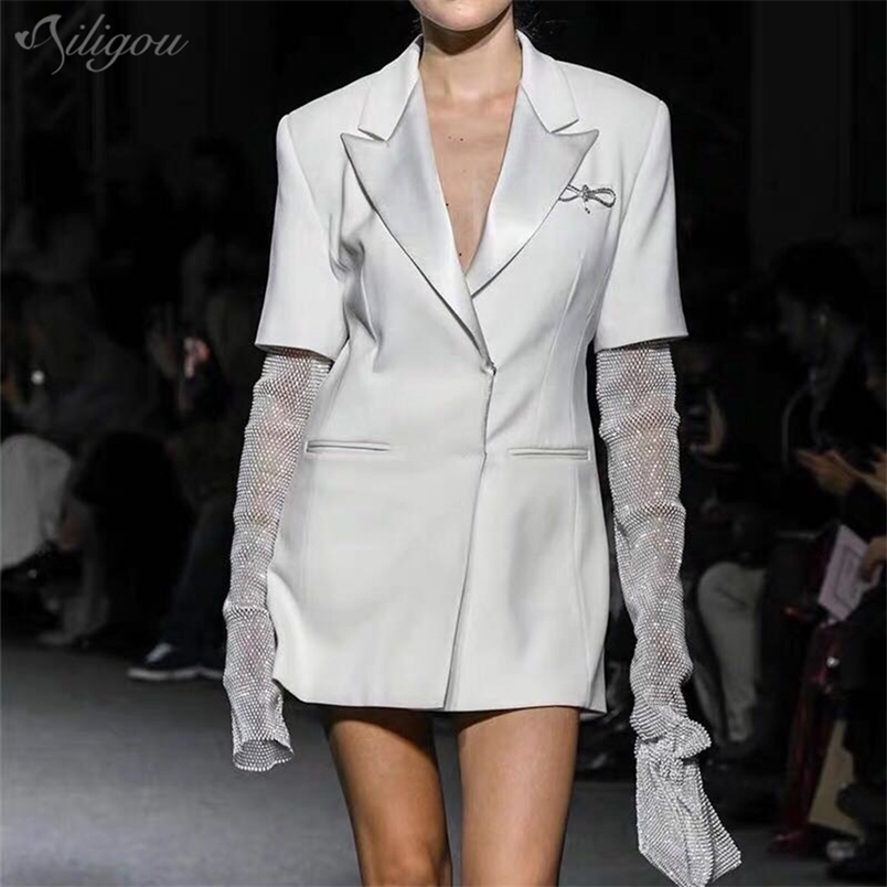 

Diamond Patchwork Lady Sexy V-neck Long Sleeve Slim Elegant Female Summer Coat Fashion Clothing 210525, White