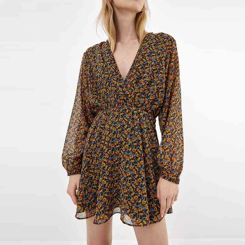

Women Fashion Floral Chiffon Dress Puff Sleeve V neck Waist Above Knee Mini Party Elegant Loose Casual WB3004 210525, Yellow