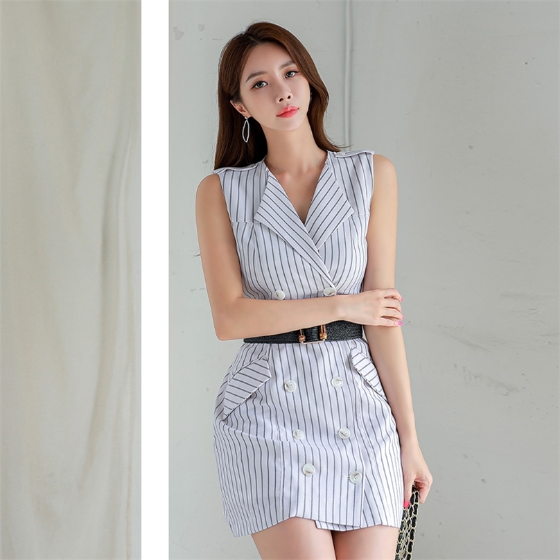 

Blazer Dress for women Summer Korea Sleeveless notched linen Sundress Sexy Ladies Striped Office formal mini Dresses 210602, White