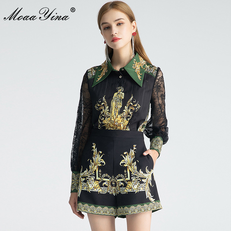 

Fashion Designer Set Autumn Women Beading turn-down collar Lace Long sleeve Printed Blouses Tops+Shorts Two-piece suit 210524, Black