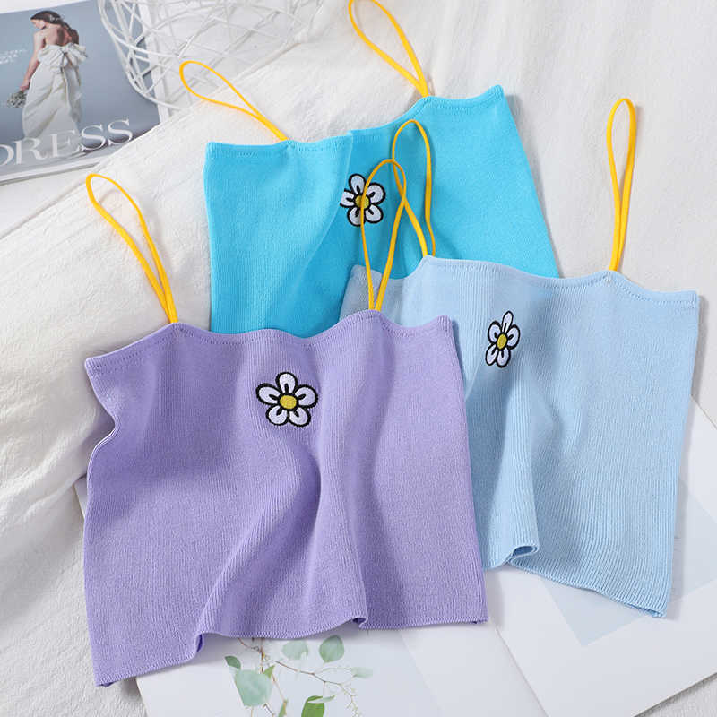 

Knitting Women Tank Tops Cute Sweet Floral Embroidery Spaghetti Femme Crop Top Camisoles W129 210526, Light blue