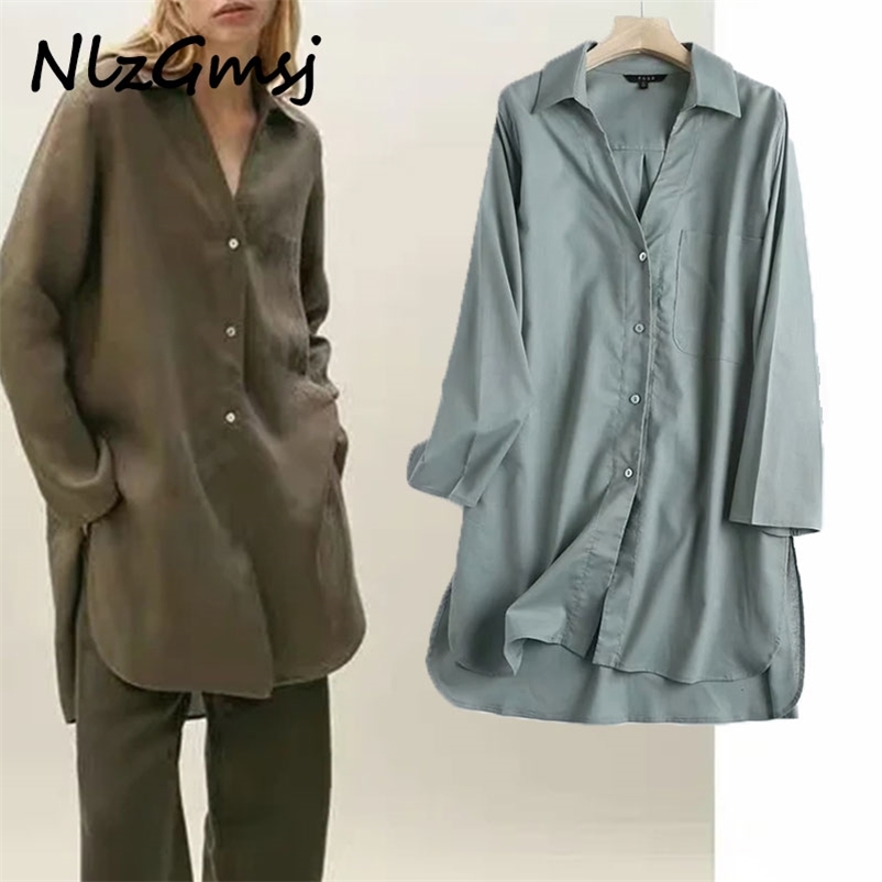 

Blouse Women V-Neck Solid Front Button Fitted Long Linen Female England Style Casual pocket Shirt Tops 05 210628, As picture