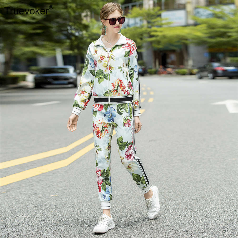 

Truevoker High Street Sets Suits Ladies End Full Sleeve Rose Flower Printed Hoodies + Pant Suit Party Clothing 210602, Turquoise
