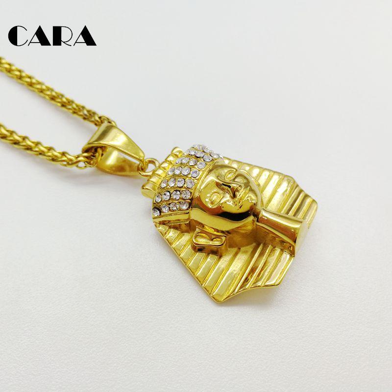

Pendant Necklaces Bling Rhinestones Egyptian King Pharaoh Charm Necklace Women Men Gold Color Stainless Steel CARA0426