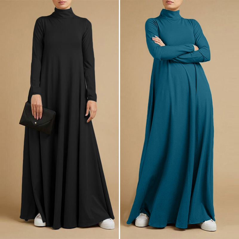 

2021autumn turtleneck long sleeve sundress fashion women maxi long dress baggy zanzea elegant solid casual vestido kaftan robe femme, Black;gray